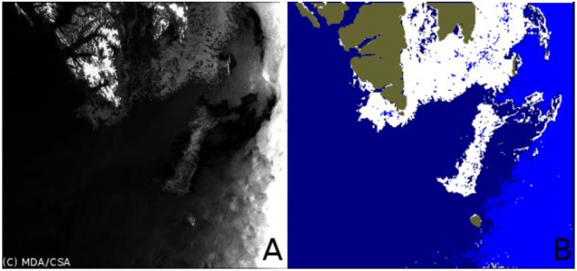 Figure 1: An example of Radarsat-2 image (A) classification (B) into ice (white), calm water (dark blue) and rough water (blue). Greenish color masks land (Svalbard on top and Bear Island near bottom on this image). ©NERSC/NIERSC 